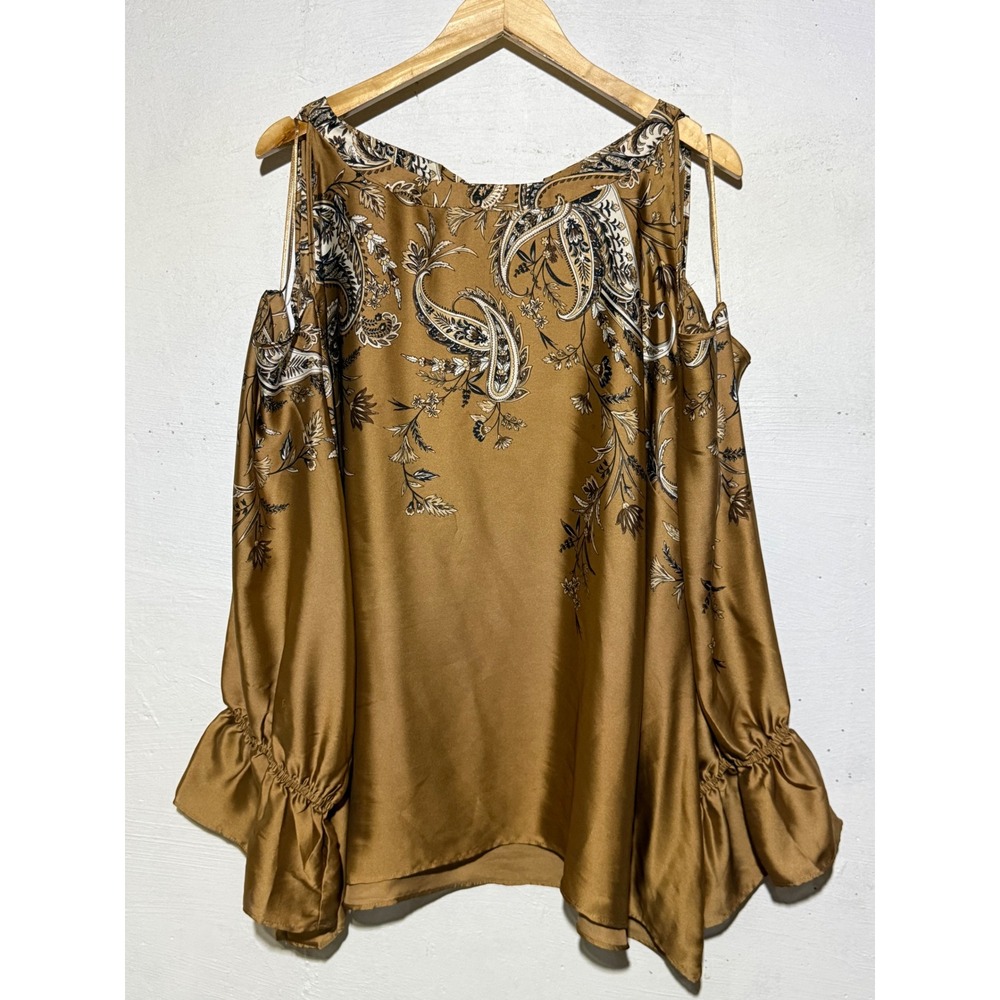 Cato Womens 26/28W Brown Paisley Cold Shoulder Satin Ruffle Blouse Plus Size
